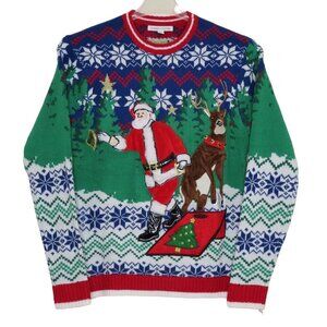 Mens Small Santa Claus Reindeer Cornhole Bag Toss Knit Sweater Ugly Christmas